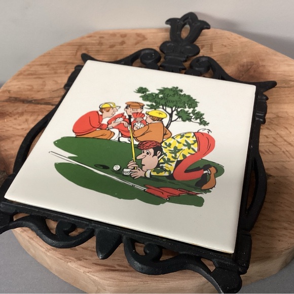 Vintage - Cast Iron and Ceramic Crafted Tile, Golf Themed, Trivet - Great Shape - Picture 3 of 10